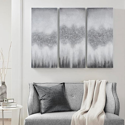 Madison Park Wall Art Living Room Décor - Embellished Hand Painted Canvas, Home Accent Glitter Abstract Bathroom Decoration Ready to Hang Painting for Bedroom, 15"W x 35"H x 1.5"D, Grey 3 Piece