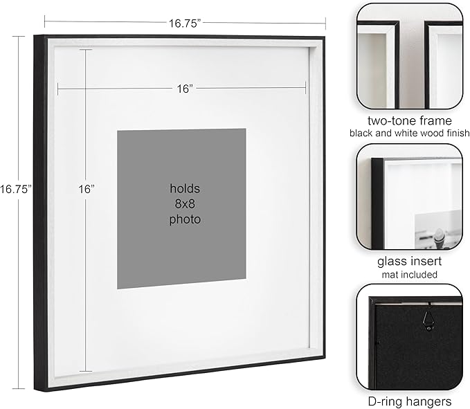 Kate and Laurel Gibson Modern Wall Picture Frame Set of 3; 16x16 matted to 8x8; Black and White; Three-Piece Frame Set for Gallery Wall Frame Set in Living Room Wall Décor