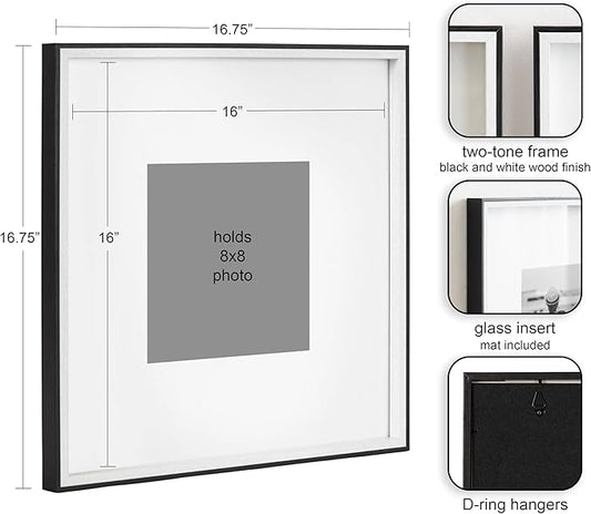 Kate and Laurel Gibson Modern Wall Picture Frame Set of 3; 16x16 matted to 8x8; Black and White; Three-Piece Frame Set for Gallery Wall Frame Set in Living Room Wall Décor