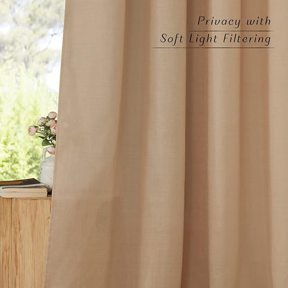 NICETOWN Flax Camel Linen Curtains for Room Divider, Grommet Top Thick Flax Semi Sheer Vertical Drapes Privacy Assured with Light Filtering for Sliding Glass Door, W68 x L96, 2 Pieces