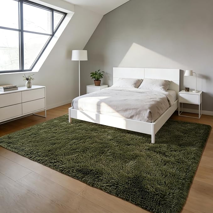 Andecor Soft Fluffy Bedroom Rugs, 4 x 6 Feet Indoor Shaggy Plush Area Rug for Boys Girls Kids Baby College Dorm Living Room Home Decor Floor Carpet, Olive Green