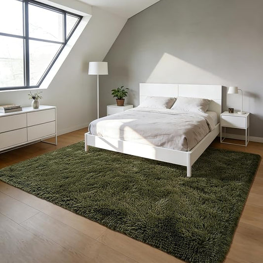 Andecor Soft Fluffy Bedroom Rugs, 4 x 6 Feet Indoor Shaggy Plush Area Rug for Boys Girls Kids Baby College Dorm Living Room Home Decor Floor Carpet, Olive Green