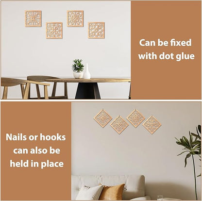 KOYILTD 4 Pieces Thicken Rustic Wall Decor,Flower Carved Wall Art,Wooden Hollow Carved Design (Square, 8.2in)