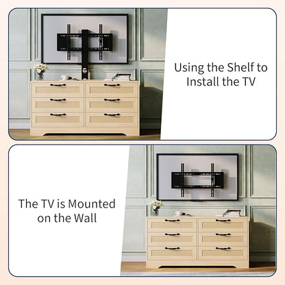 GarveeHome TV Stand with Mount, 47.2" Modern Entertainment Center 6-Drawer Rattan Dresser for 32-85 Inch TVs, Media Console Table with Storage for Living Room, Bedroom, Natural