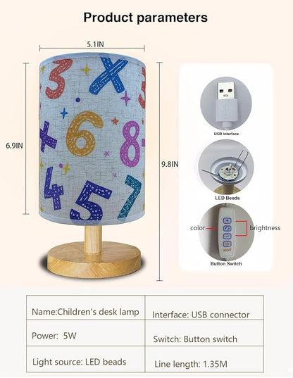 Kids Table Lamp, Small Bedside Lamp, 3 Color Changing LED Night Light with 9 Brightness Levels Wood Nightstand Desk Base Flaxen Fabric Shade for Bedroom Living Room (Colored Numbers)