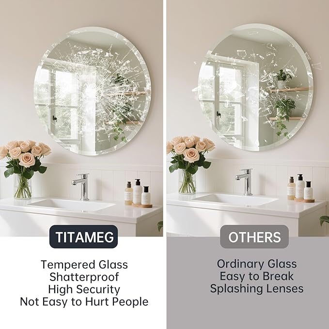 Frameless Round Mirror 28 Inch, Round Mirror with 1 inch Beveled Edge, Beveled Bathroom Mirrors for Vanity, Living Room, Entryways