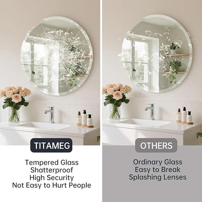 Frameless Round Mirror 28 Inch, Round Mirror with 1 inch Beveled Edge, Beveled Bathroom Mirrors for Vanity, Living Room, Entryways