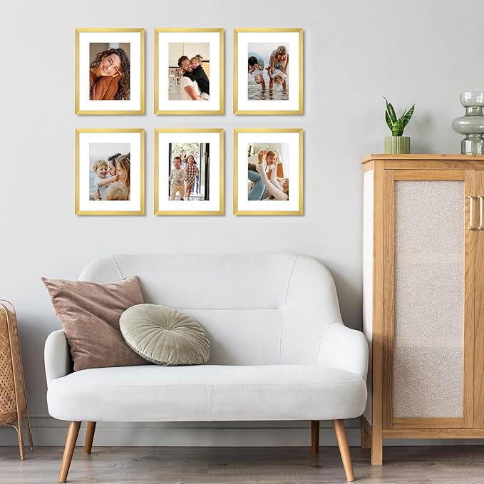 Fixwal 8x10 Picture Frame Set of 6 with Shatter Resistant Plastic Glass, Thin Border and Light Weight Photo Frames for Wall or Tabletop Display, Gift for Mother's Day, Father's Day, Graduation, Gold