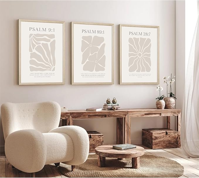 Scripture Christian Wall Art Set of 3 Beige Bible Verses Wall Decor Neutral Psalm Canvas Wall Art Modern Pictures Flower Prints Christian Artwork for Living Room Bedroom 16x24 Inch Framed