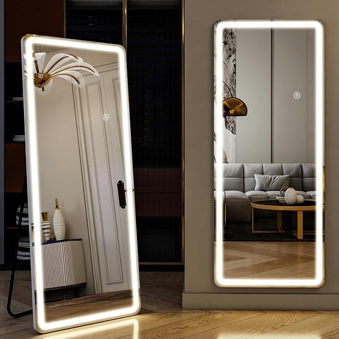 Led Mirror Full Length 26 x 65 Inch Tempered Glass Full Body Mirrors with Dimming & 3 Color Lighting Standing Leaning or Hanging Full Length Mirrors Lights for Bedroom Dressing Room Rect