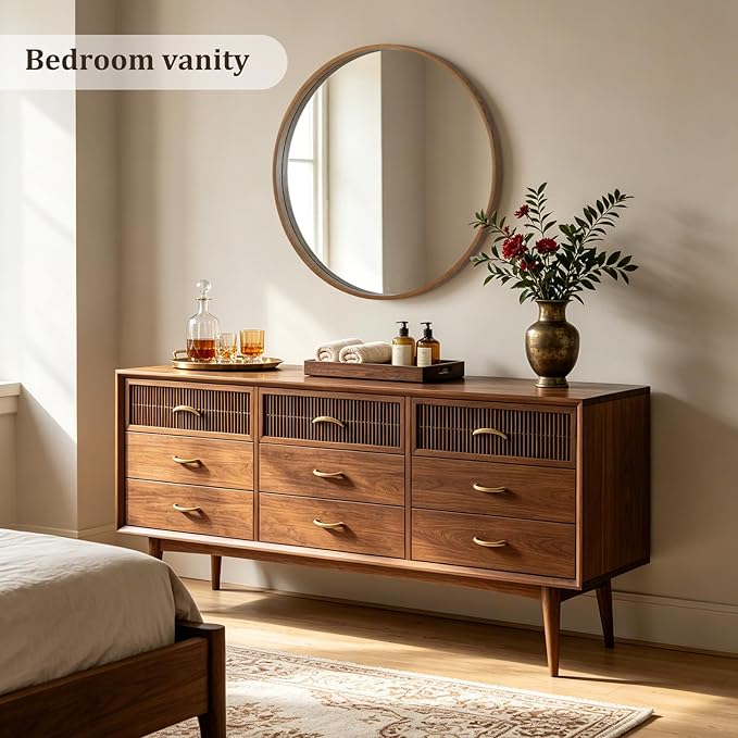 HOMECOOKIN Round Wood Mirror 32 inch Circle Mirror, Rustic Farmhouse Wooden Framed Decorative Wall Decor, Vanity Wall Mirror for Bathroom, Bedroom, Entryway, Living Room (Walnut)