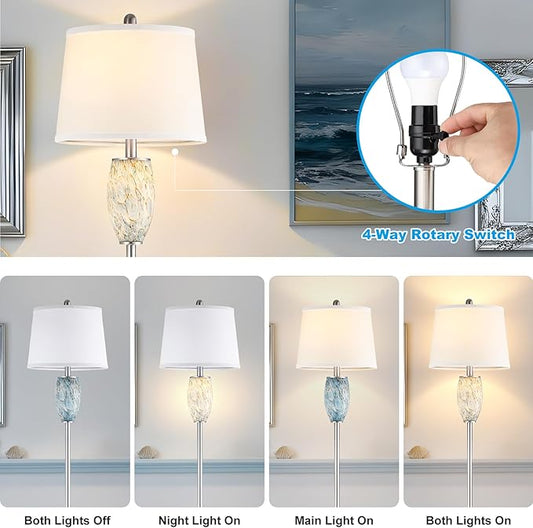 Lovlast Modern Floor Lamp for Living Room, Bedroom, Stained Glass Coastal Lamp for Living Room Decor, Mid Century 65" Tall Standing Lamp with Nightlight, Corner Stand Up Light (Bulb Included)