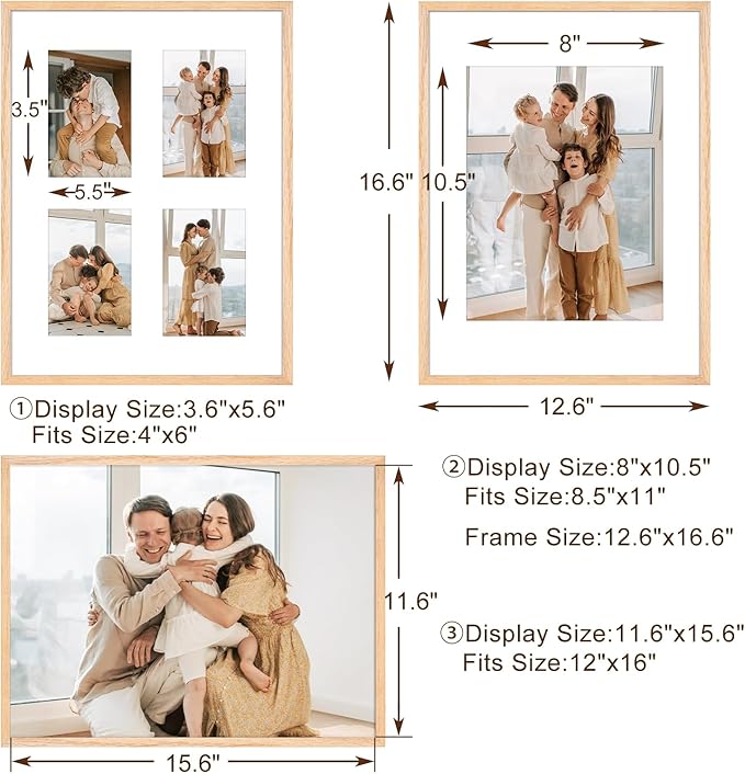 12x16 Picture Frame,OAK Wood Photo Frame 8.5x11 with Mat or 4x6 with 4 Mat with Perspex Glass for Vertical or Horizontal Wall Display for Photo, Christmas Gift,Set of 4