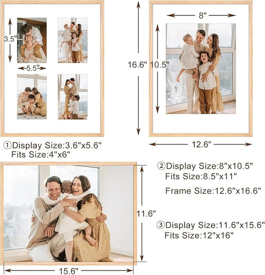 12x16 Picture Frame,OAK Wood Photo Frame 8.5x11 with Mat or 4x6 with 4 Mat with Perspex Glass for Vertical or Horizontal Wall Display for Photo, Christmas Gift,Set of 4