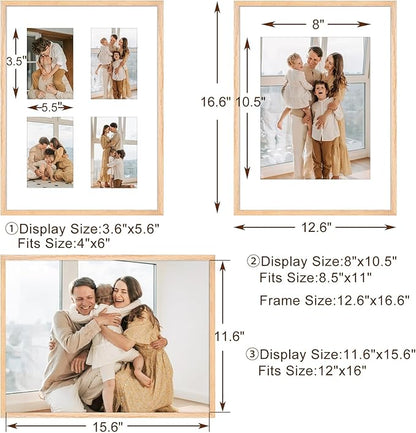 ATOBART 12x16 Picture Frame,OAK Wood Photo Frame 8.5x11 with Mat or 4x6 with 4 Mat with Perspex Glass for Vertical or Horizontal Wall Display for Photo, Christmas Gift,Set of 2