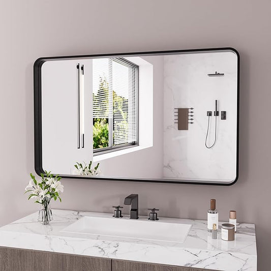 JISOSO Black Bathroom Mirror 60X30 Inch, Black Metal Framed Mirror for Wall, Rounded Rectangle Matte Bathroom Vanity Mirror with Tempered Glass, Anti-Rust, Horizontal/Vertical