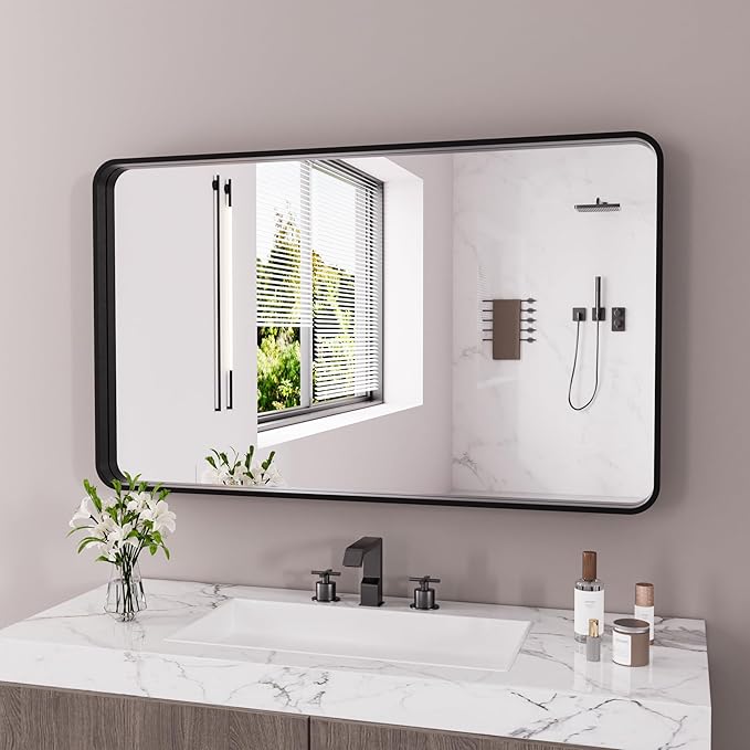 JISOSO Black Bathroom Mirror 77X36 Inch, Black Metal Framed Mirror for Wall, Rounded Rectangle Matte Bathroom Vanity Mirror with Tempered Glass, Anti-Rust, Horizontal/Vertical