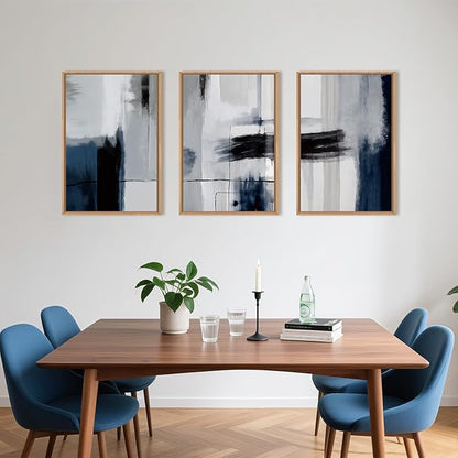 DRACIT Large Abstract Navy Blue Color Block Framed Canvas Print Wall Art Set,Gray White Modern Neutral Brush Strokes Wall Decor,Minimalist Blue Toned Geometric Line Artwork for Living Room,Bedroom-16"x24"x3