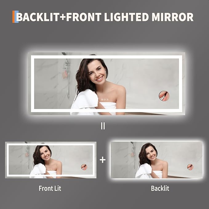 GarveeHome 60x24 LED Bathroom Mirror with Lights, Dimmable, Anti-Fog, Backlit + Front Lit, and 3X Magnification Mirror, Smart Bathroom Vanity Mirror for Wall, Memory Function, Shatter-Proof