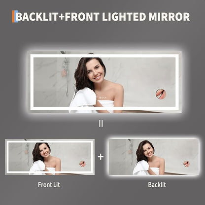 GarveeHome 60x24 LED Bathroom Mirror with Lights, Dimmable, Anti-Fog, Backlit + Front Lit, and 3X Magnification Mirror, Smart Bathroom Vanity Mirror for Wall, Memory Function, Shatter-Proof