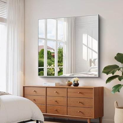YIROMAN Bathroom Mirror 48"x48", Large Brushed Silver Bathroom Mirror for Over Sink with Aluminum Frame, Rectangular Vanity Mirror with Right Angle, Wall Mirror Hangs Horizontal or Vertical