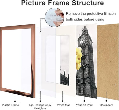 Picture Frames 11x14 Set of 6, Distressed rose gold Photo Frame, Display Pictures 8x10 with Mat or 11x14 Without Mat, Washed Farmhouse Frame