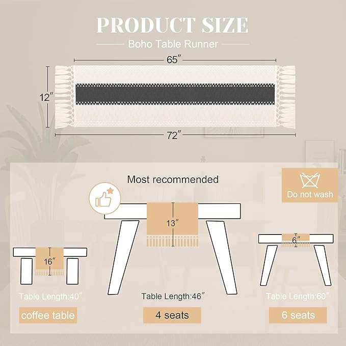 FEXIA Boho Table Runner for Summer Home Decor with Tassels 72 Inches Long Farmhouse Grey Rustic Burlap Table Runner Macrame Table Decoration for Kitchen Bedroom Living Room (12x72 Inches)