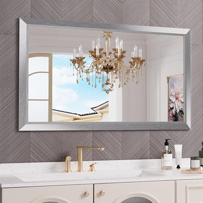 Amorho Bathroom Mirror 50 X30 Inch, Silver Thick Metal Framed Wall Mirrors for Over Sink, Brushed Nickel Mirror Perfect for Bedroom, Living Room, Entryway, Rectangle (Horizontal/Vertical).