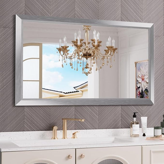 Amorho Bathroom Mirror 50 X30 Inch, Silver Thick Metal Framed Wall Mirrors for Over Sink, Brushed Nickel Mirror Perfect for Bedroom, Living Room, Entryway, Rectangle (Horizontal/Vertical).