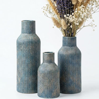 Vintage Blue Ceramic Flower Vases Set of 3, Modern Matte Vertical Ribbed, Nordic Minimalist Decor for Pampas Dried & Fresh Flowers, Centerpiece for Living Room, Shelf, Entryway, Wedding