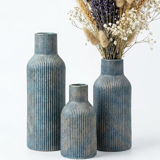 Vintage Blue Ceramic Flower Vases Set of 3, Modern Matte Vertical Ribbed, Nordic Minimalist Decor for Pampas Dried & Fresh Flowers, Centerpiece for Living Room, Shelf, Entryway, Wedding
