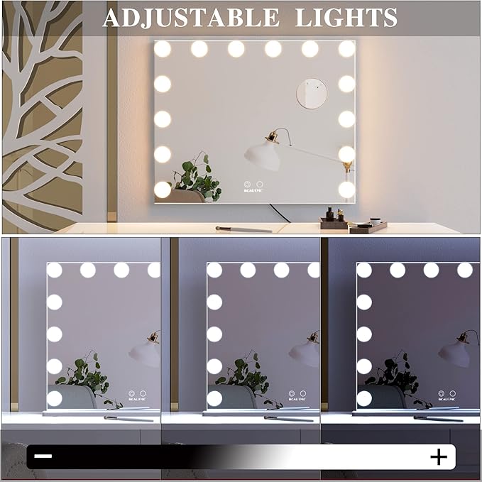 ANYHI Vanity Mirror with Lights, Large Hollywood Lighted Mirror with 14 Big LED Bulbs, Mirror with Lights for Makeup Desk, Smart Touch Control, Tabletop or Wall-Mounted, 24.4" x 19.7" (White)