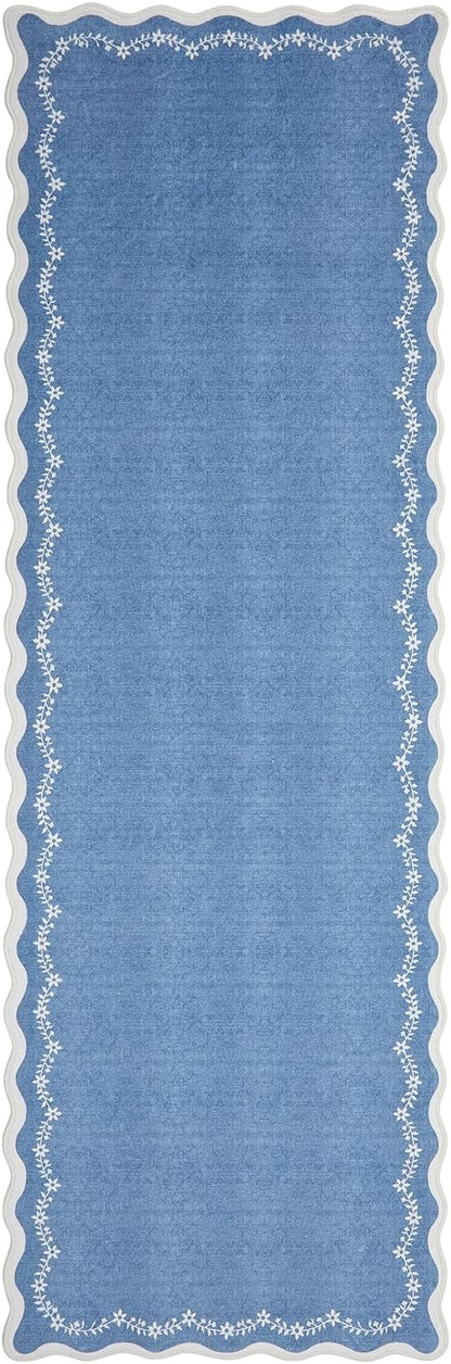 GarveeHome 2.5x8 Scalloped Washable Runner Rug for Kitchen, Soft Blue Long Hallway Runner Non Slip Entryway Rug Farmhouse Thin Laundry Mat Stain Resistant Carpet for Bathroom Beside Rug