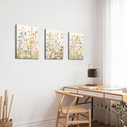 WENGTIAO 3Pcs Framed Colorful Wildflower Canvas Wall Art, Yellow Watercolors Flowers Wall Pictures Floral Canvas Prints Wall Decor Paintings for Living Room Girls Bedroom Ready to Hang 16"x24"x3