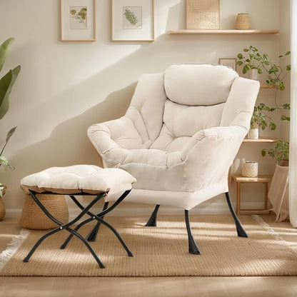 Lazy Chair with Ottoman, Large Beige Accent Chair with Ottoman, Comfy Reading Armchair, Leisure Sofa Chair for Living Room, Bedroom, Dorm Room, Office