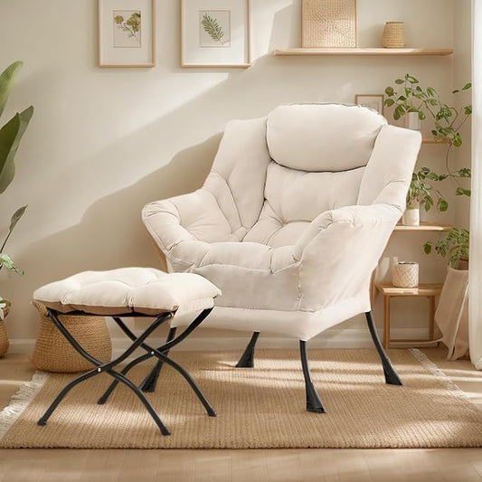 Lazy Chair with Ottoman, Large Beige Accent Chair with Ottoman, Comfy Reading Armchair, Leisure Sofa Chair for Living Room, Bedroom, Dorm Room, Office