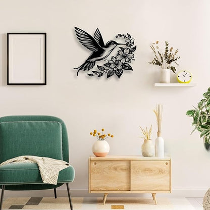 LIYOUYA Hummingbird Flower Metal Wall Decor - Rustic Farmhouse Room Decor Black Wall Art Home Decor for Living Room, Dining Room, Courtyard (Black)