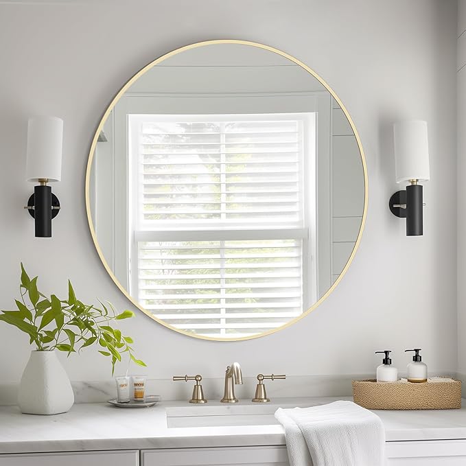 HOMECOOKIN Bathroom Round Wall Mirror, 28" Gold Modern Circle Vanity Mirror with Metal Framed, Wall Mounted Decorative Mirrors for Entryway Living Room,Hanging or Leaning, Anti-Rust, Tempered