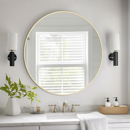 HOMECOOKIN Bathroom Round Wall Mirror, 28" Gold Modern Circle Vanity Mirror with Metal Framed, Wall Mounted Decorative Mirrors for Entryway Living Room,Hanging or Leaning, Anti-Rust, Tempered
