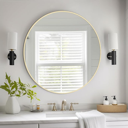 HOMECOOKIN Bathroom Round Wall Mirror, 28" Gold Modern Circle Vanity Mirror with Metal Framed, Wall Mounted Decorative Mirrors for Entryway Living Room,Hanging or Leaning, Anti-Rust, Tempered