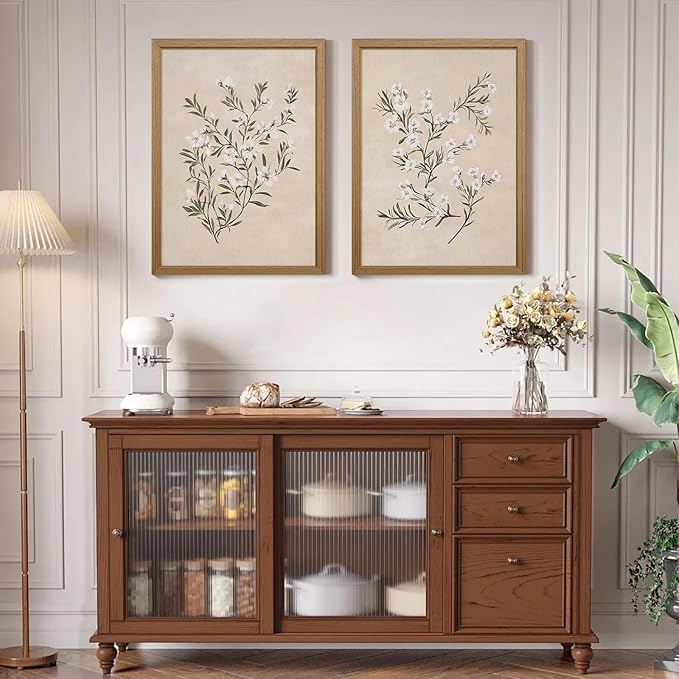 Vintage Botanical Wall Art Neutral Floral Prints Farmhouse Flower Canvas Wall Decor Watercolor Wildflower Pictures Nature Minimalist Artwork for Living Room Bedroom 12x16 Inch Wood Framed Set of 2