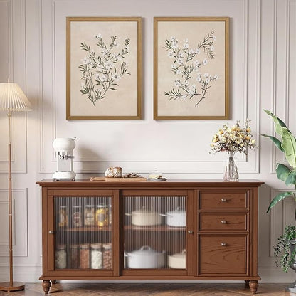 Vintage Botanical Wall Art Neutral Floral Prints Farmhouse Flower Canvas Wall Decor Watercolor Wildflower Pictures Nature Minimalist Artwork for Living Room Bedroom 12x16 Inch Wood Framed Set of 2