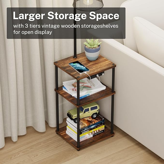 Floor Lamp with Table and Shelves, Side Table with USB Charging Port and Outlet, Modern Bedside Nightstand End Table with Lamp for Living Room, Bedroom, Guest Room, Bulb Included
