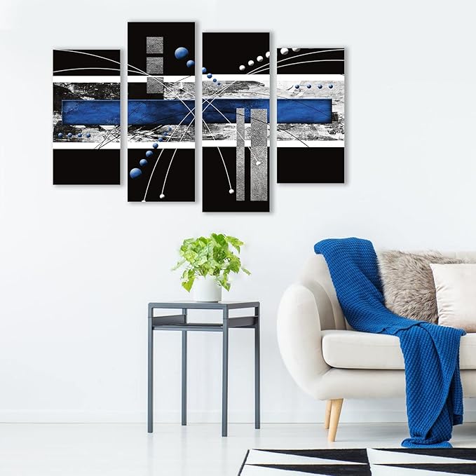 YPY Black Blue Canvas Wall Art - 4 Panels Modern Abstract Picture Set for Home Decoration - Extra Large Contemporary Painting Artwork Ready to Hang Living Room Bedroom W64 x H42