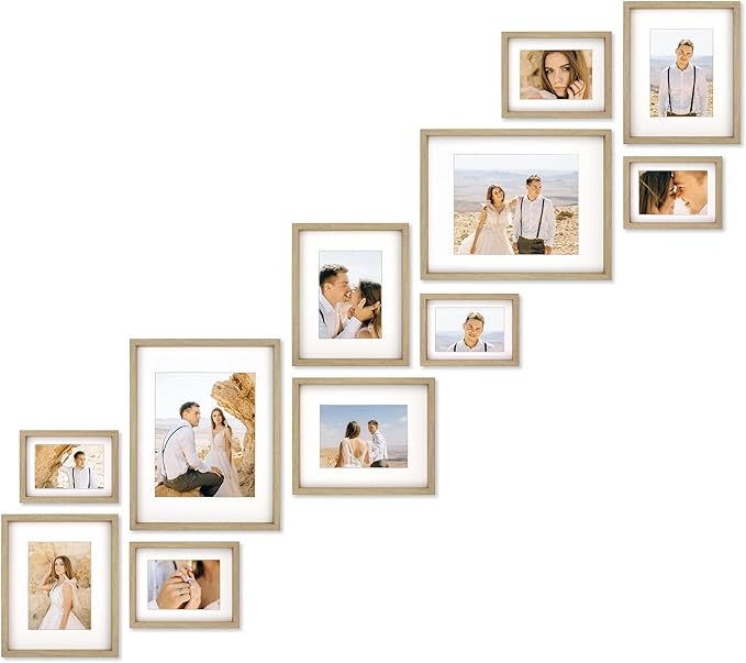 VELISTA 11 Piece Stair Picture Frame Set for Wall – Shadow Box Stairwell Gallery Wall Frame Set –Rustic Stairway Décor for Walls –Wooden Ladder Picture Frames - Farmhouse Staircase Wall Décor(Oak)