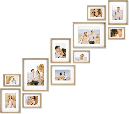 VELISTA 11 Piece Stair Picture Frame Set for Wall – Shadow Box Stairwell Gallery Wall Frame Set –Rustic Stairway Décor for Walls –Wooden Ladder Picture Frames - Farmhouse Staircase Wall Décor(Oak)
