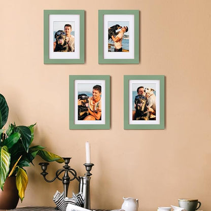 Egofine 5x7 Picture Frame 4PCS Made of Solid Wood, Display Pictures 3.5x5/4x6 with Mat or 5x7 Without Mat Covered by Plexiglass for Table Top Display and Wall Mounting Photo Frame, Green