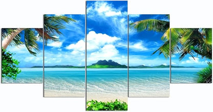 Yatsen Bridge Modern Landscape Beach Ocean Painting on Canvas 5 Piece, HD Print Pictures Wall Art for Living Room Home Decor Wooden Framed Stretched Ready to Hang (60’’W x 32’’H)