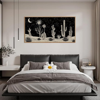 Desert Night Cactus Framed Canvas Wall Art Set,Southwestern Black and White Landscape Wall Decor,Rustic Wooden Mid Century Boho Moon Artwork for Living Room,Bedroom-20 x40