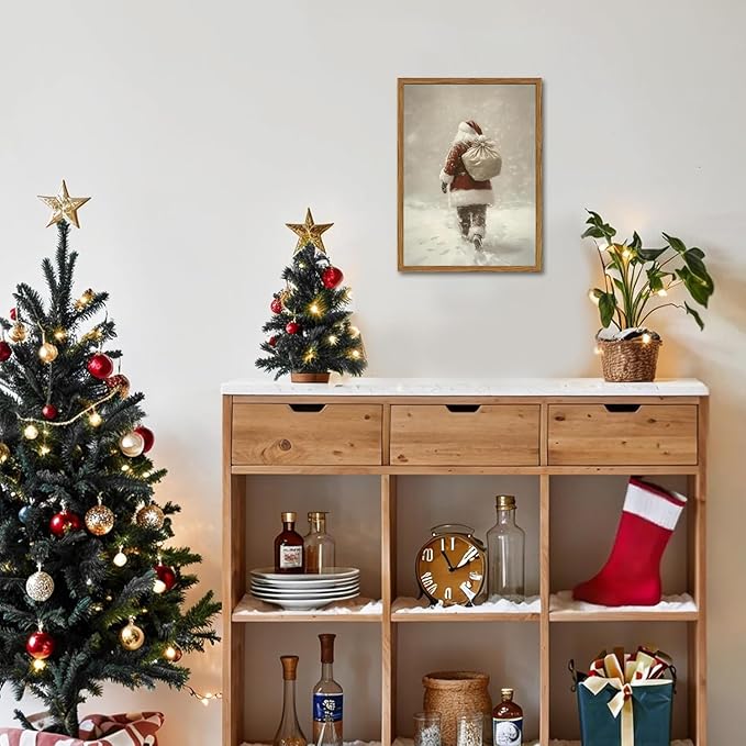 Framed Vintage Christmas Canvas Wall Art, Rustic Santa Claus Walking Snowy Wall Decor Paintings, Winter Holiday Aesthetics Pictures Print Christmas Home Decor for Living Room Bedroom 12×16 inch